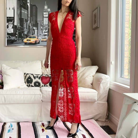 For Love & Lemon red crochet embroidery maxi dress - Picture 4 of 15